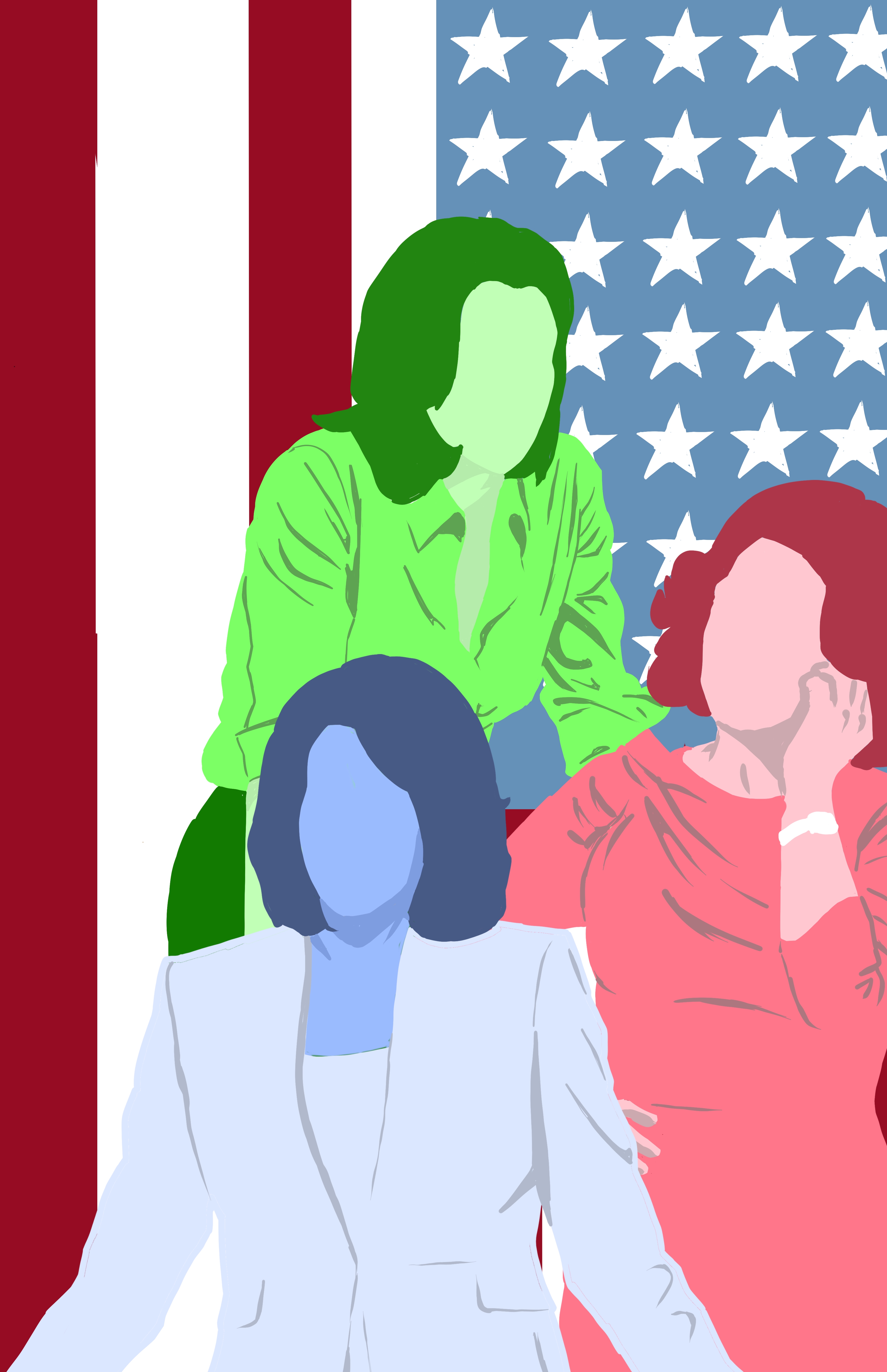 Drawing of women candidates for U.S. president with American flag in the background