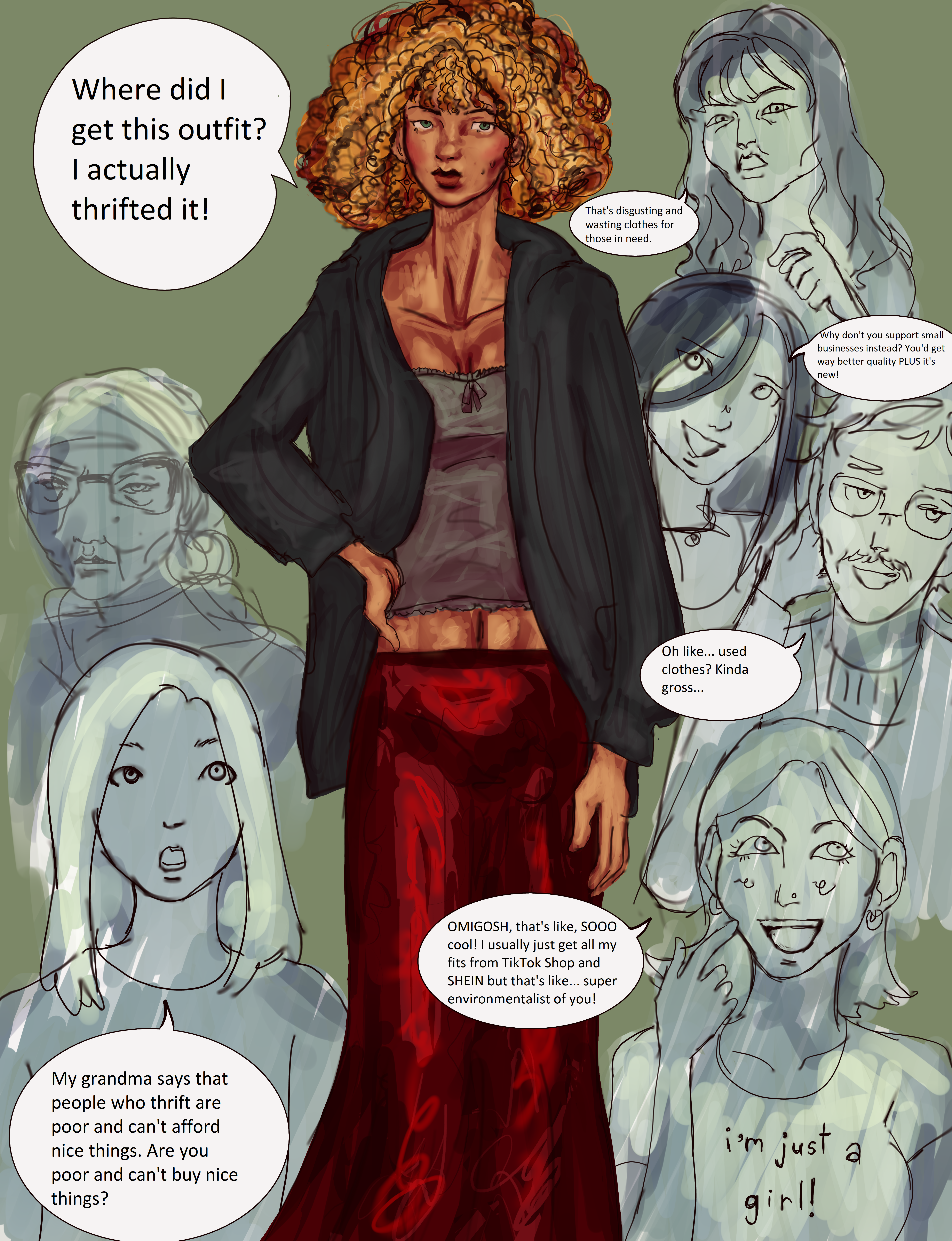 Making a Fashion Statement comic of woman showing off thrifted outfit despite public comments by Thrifting by Malak Dahi