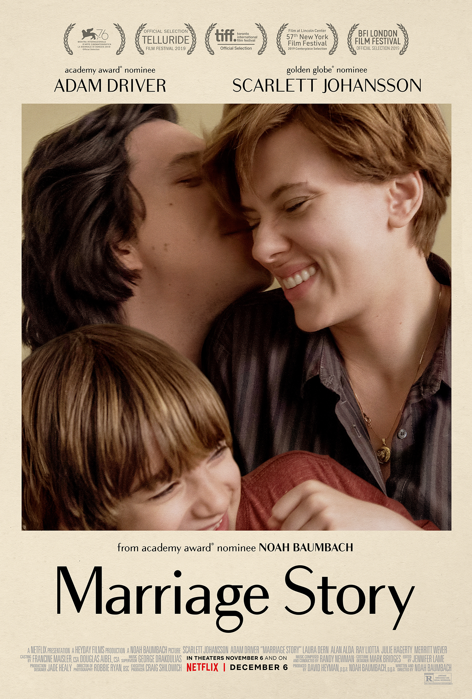 Promotional poster for film "Marriage Story," showing the three main characters of the film embracing