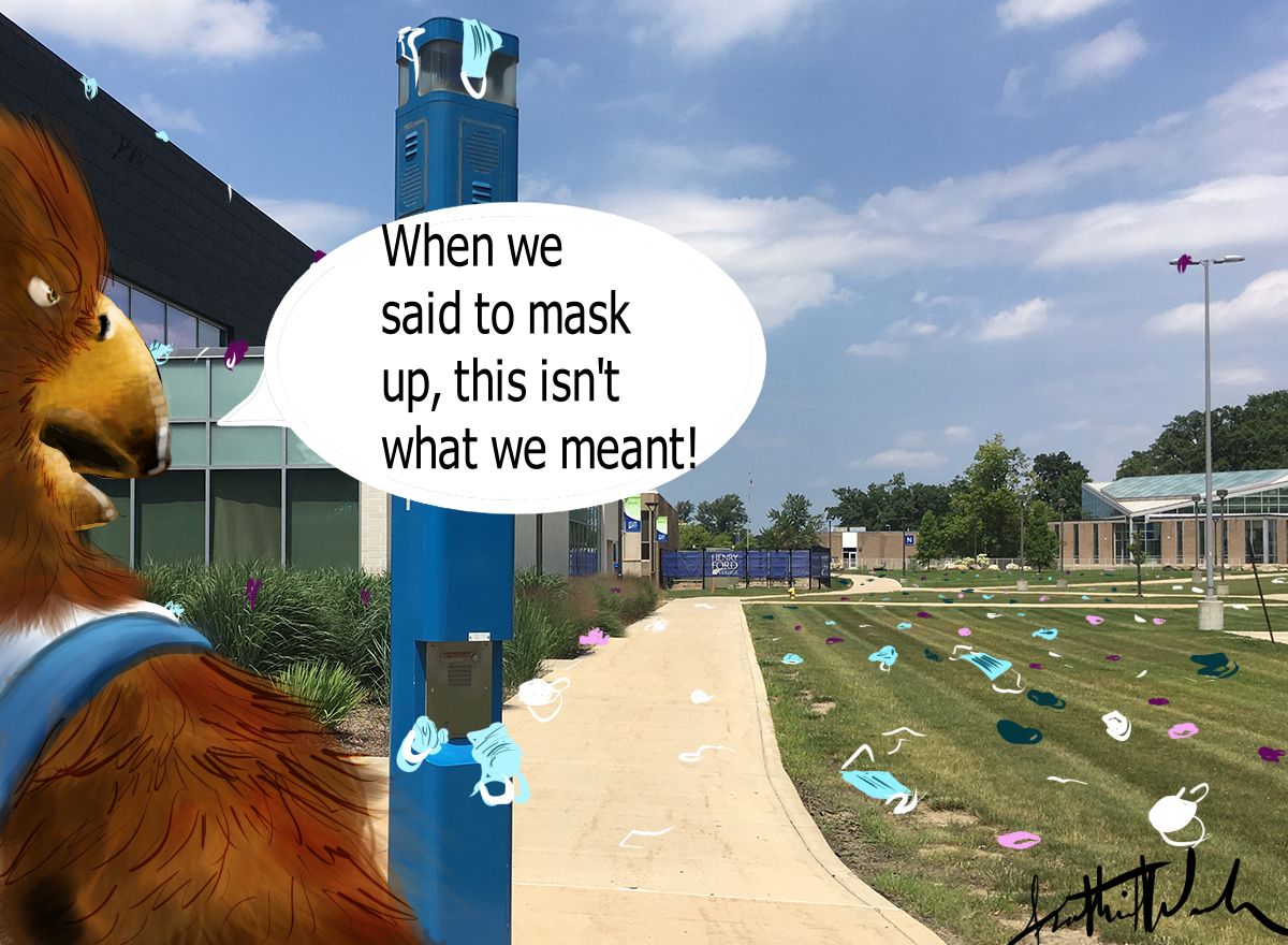 HFC mascot Hawkster looking at mask litter on HFC's campus