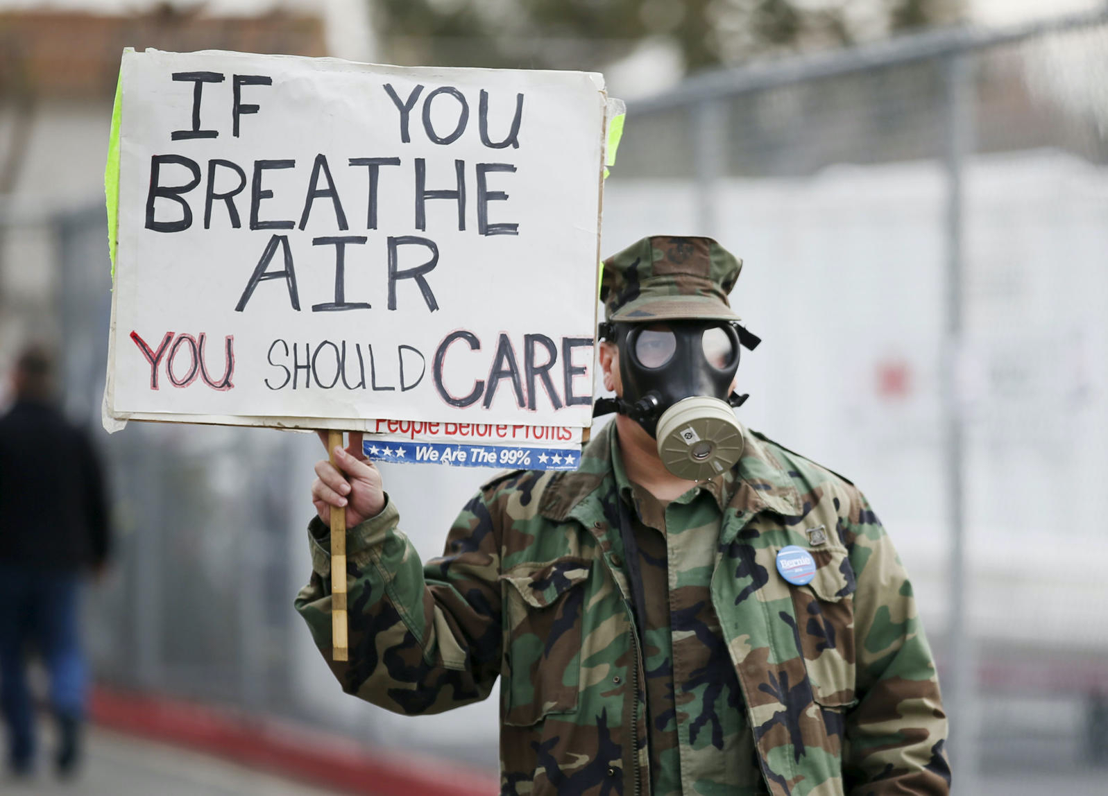 Photo of protestor at Aliso Canyon natural gas storage facility October 2015. Photo courtesy AP.