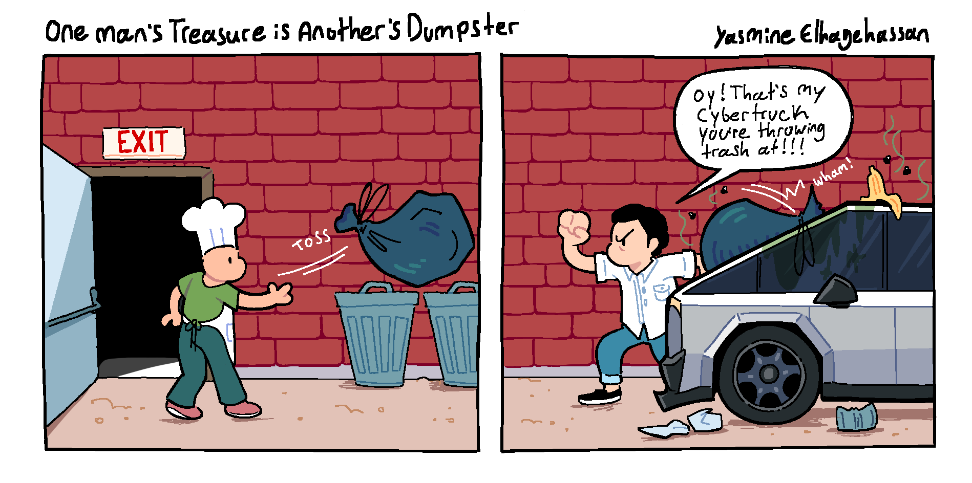 Comic of Cybertruck owner angry at restaurant worker who thought his truck was a dumpster.