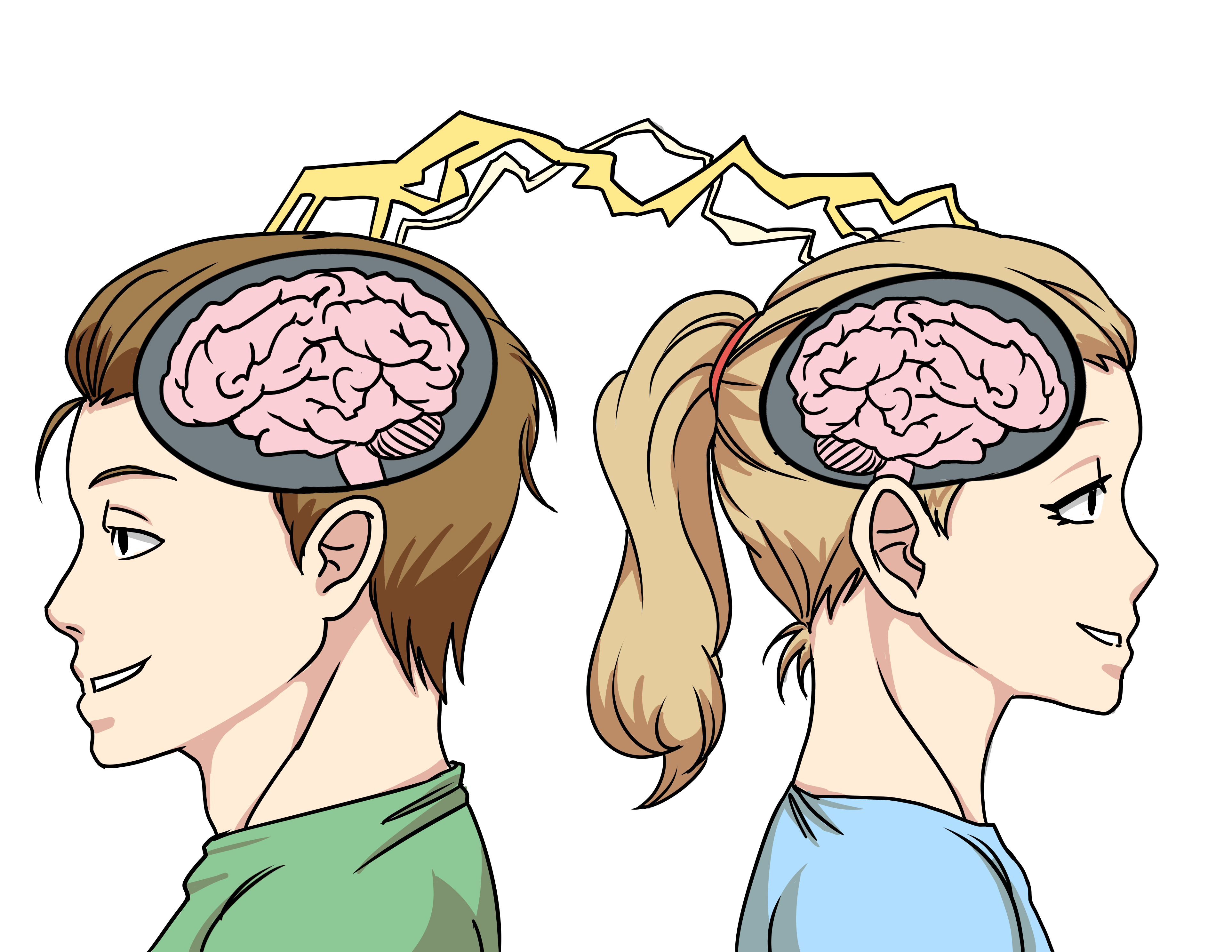 Illustration of man and woman with electrical signals crossing between their brains. Illustration by Youssef Daher