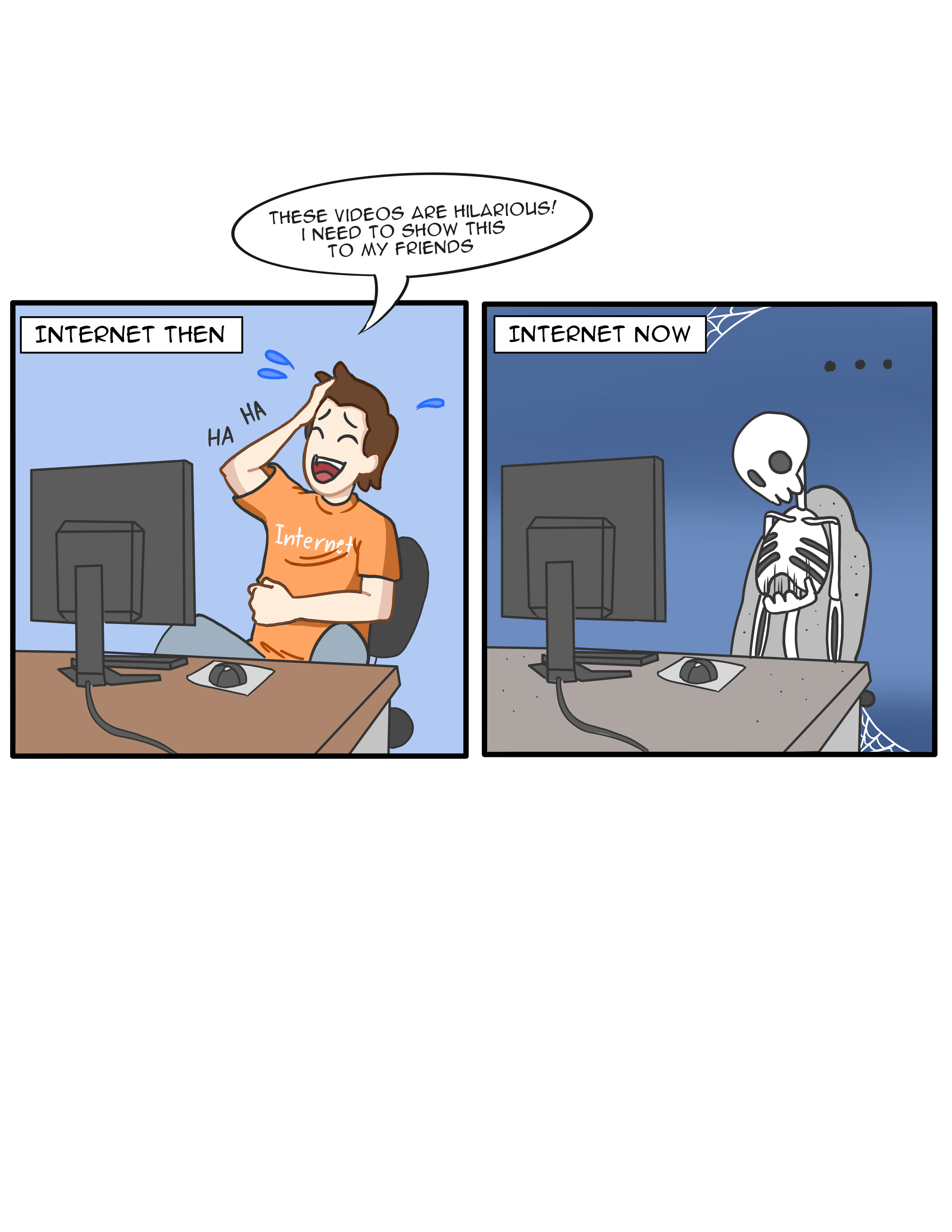 Healthy Boy Laughing with good internet on the left and to the right a sad skeleton with bad internet. 