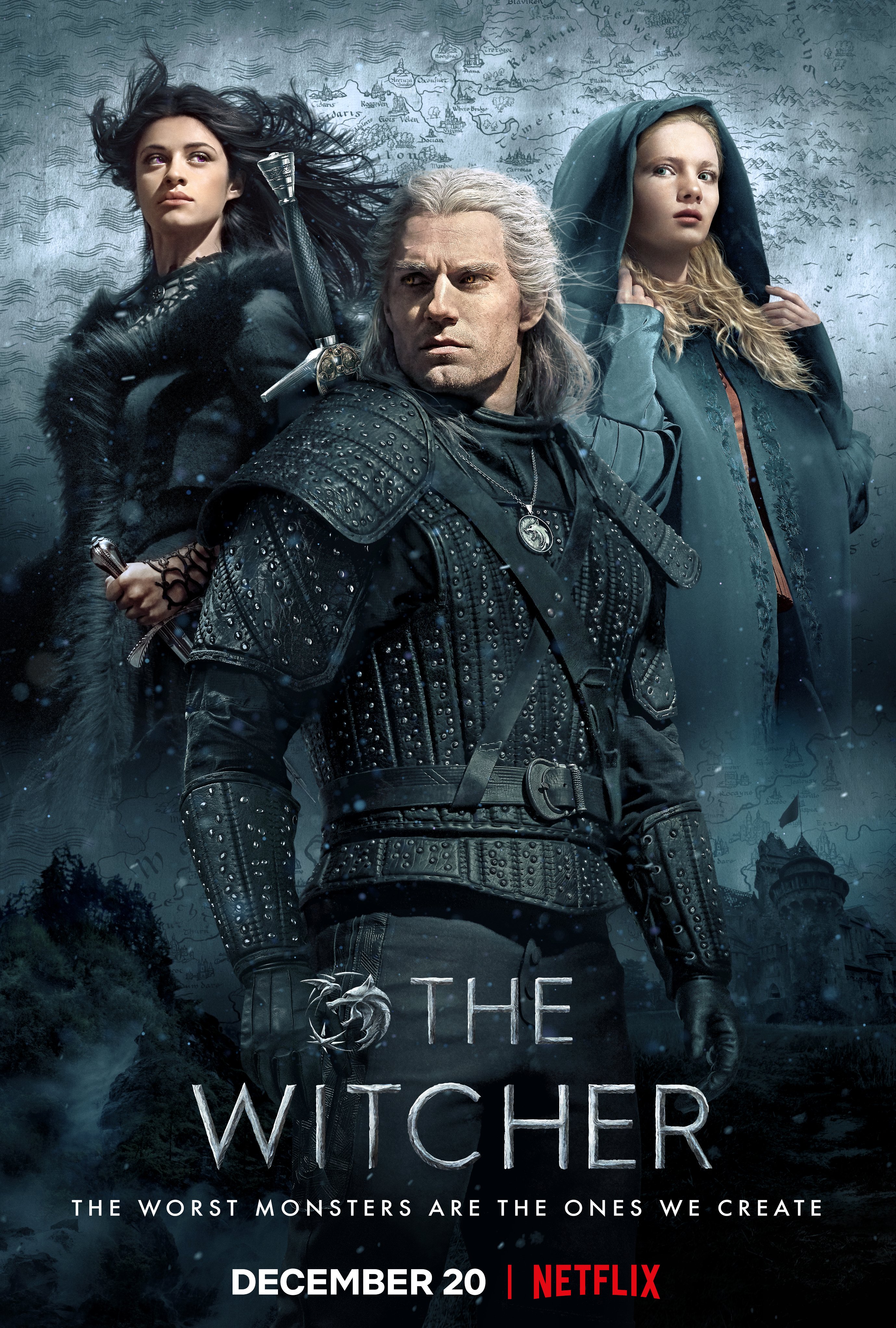 Image of Netflix promotional poster for "The Witcher" showcasing the three main character, Yennefer, Geralt and Cirilla