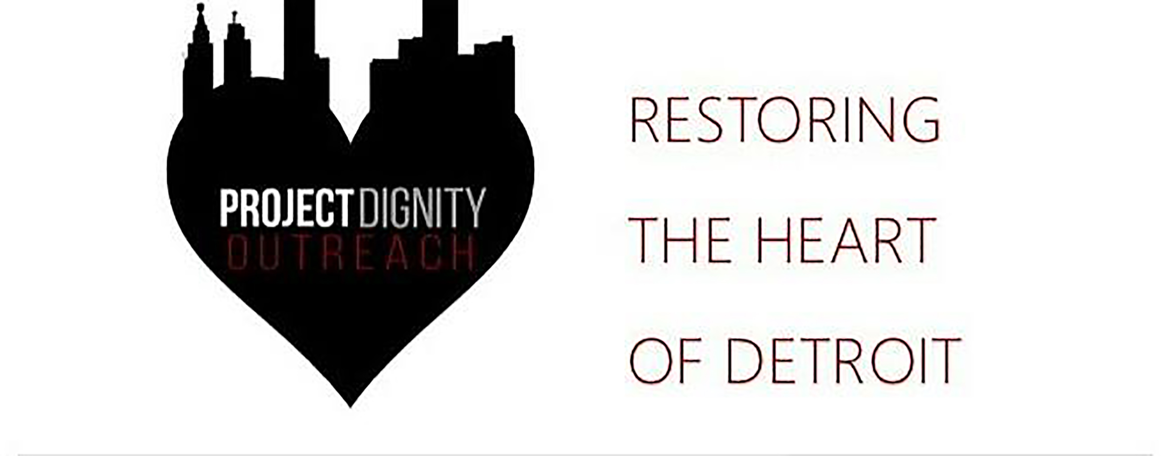 Illustration of a heart and building above it beside the words "Restoring the heart of Detroit"