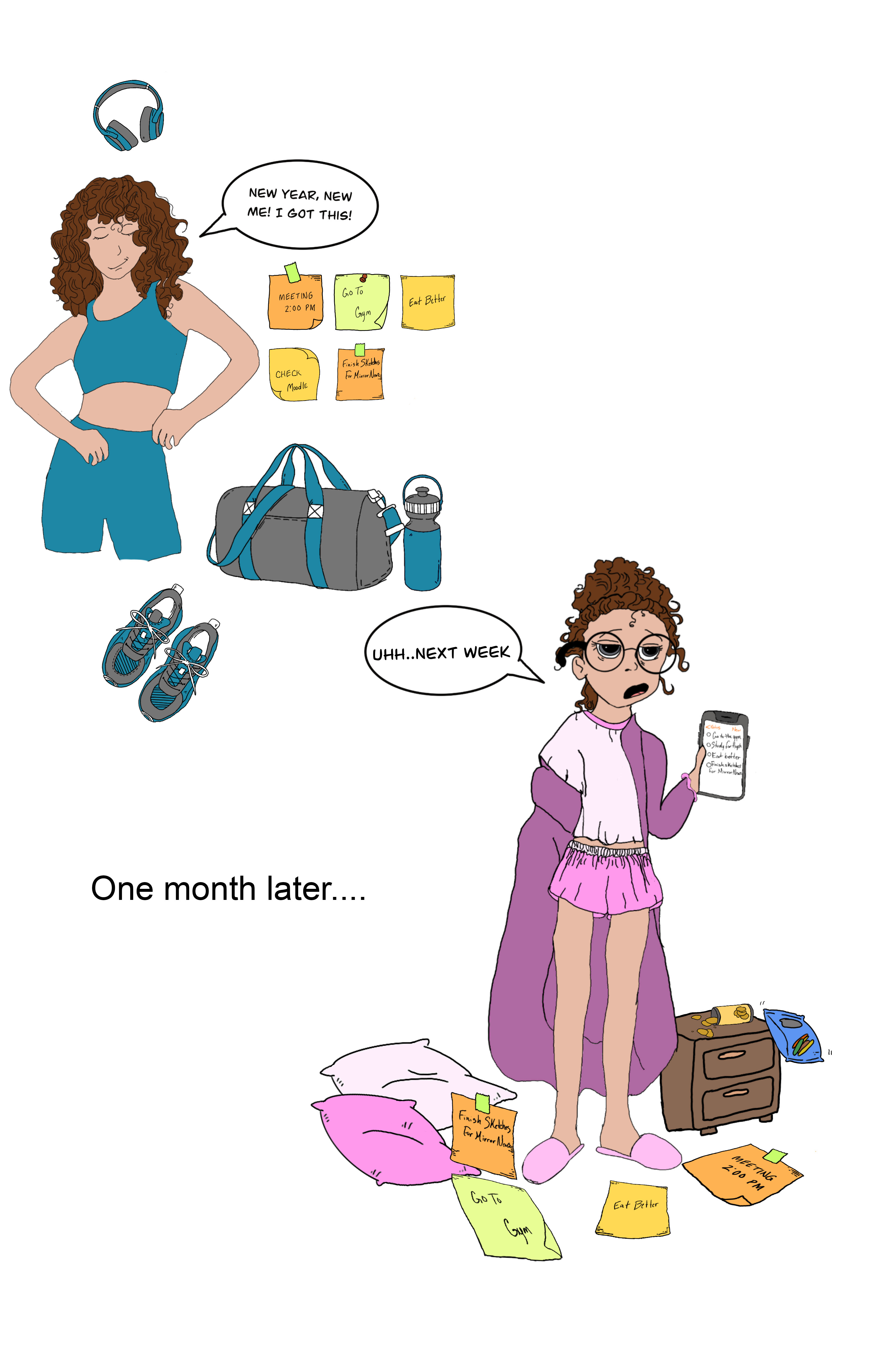 Comic of student making new year's resolutions by Lena McDonald