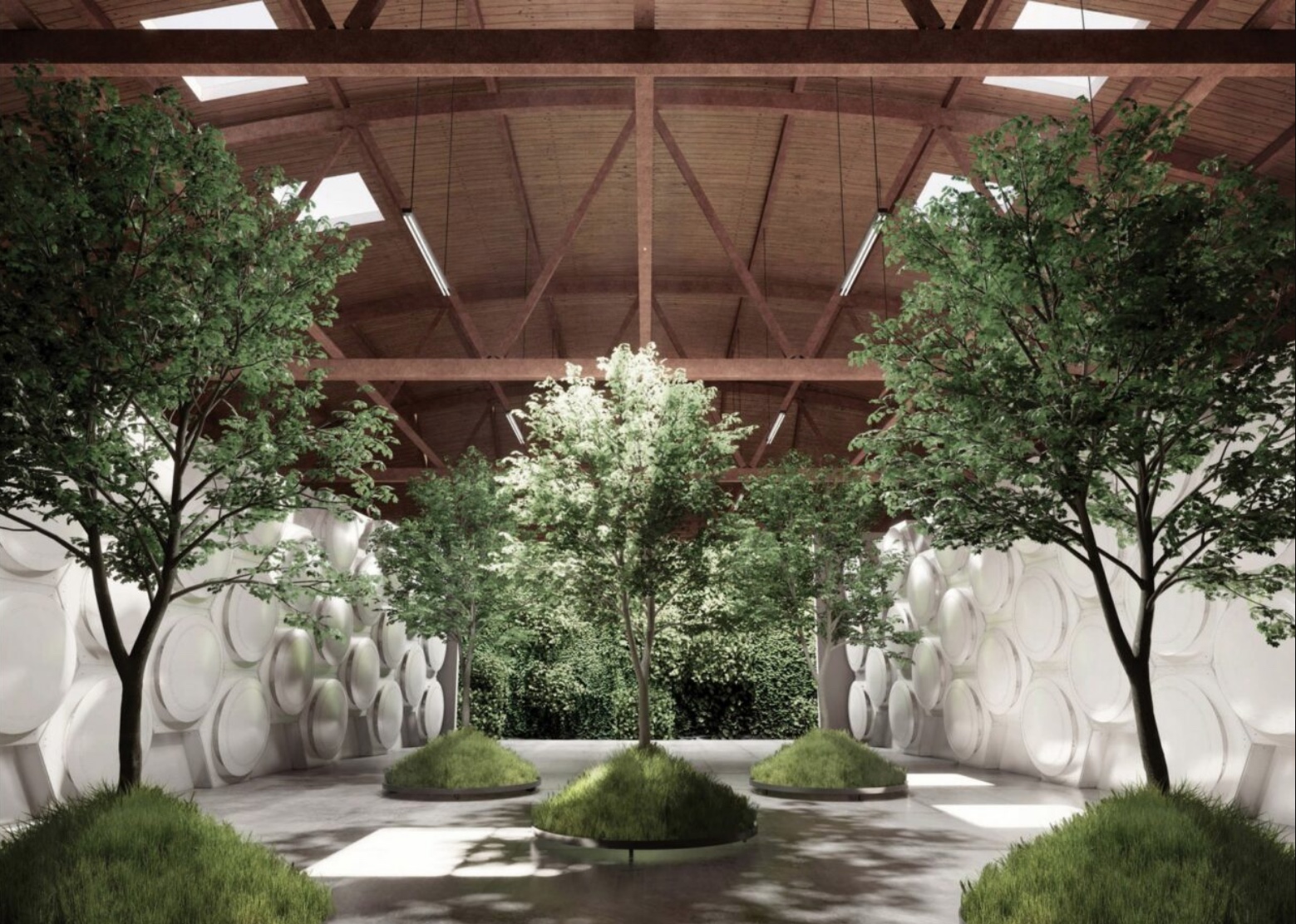 Recomposition vessels for processing human remains are shown in a gathering space in this artist’s rendering for the Recompose facility in Seattle. (Olson Kundig Image)