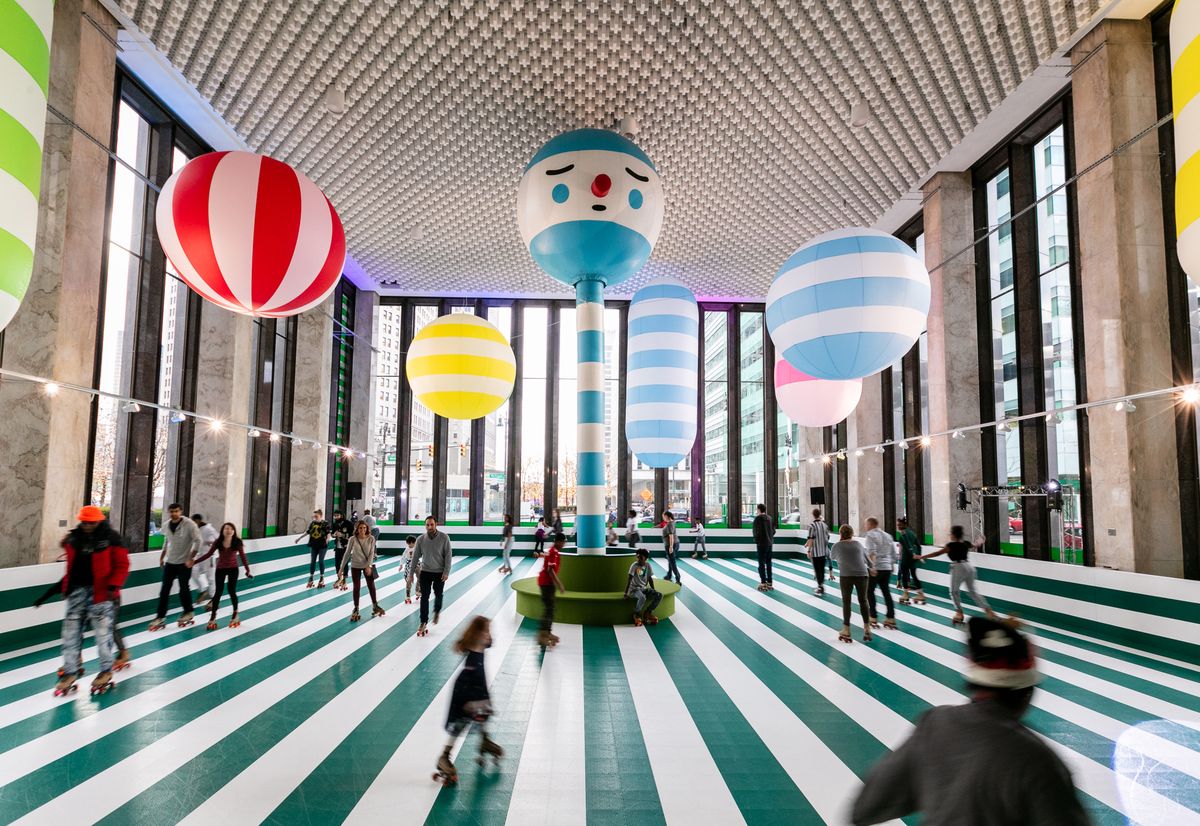 Photo of Library Street Collective's "Rainbow City Roller Rink"