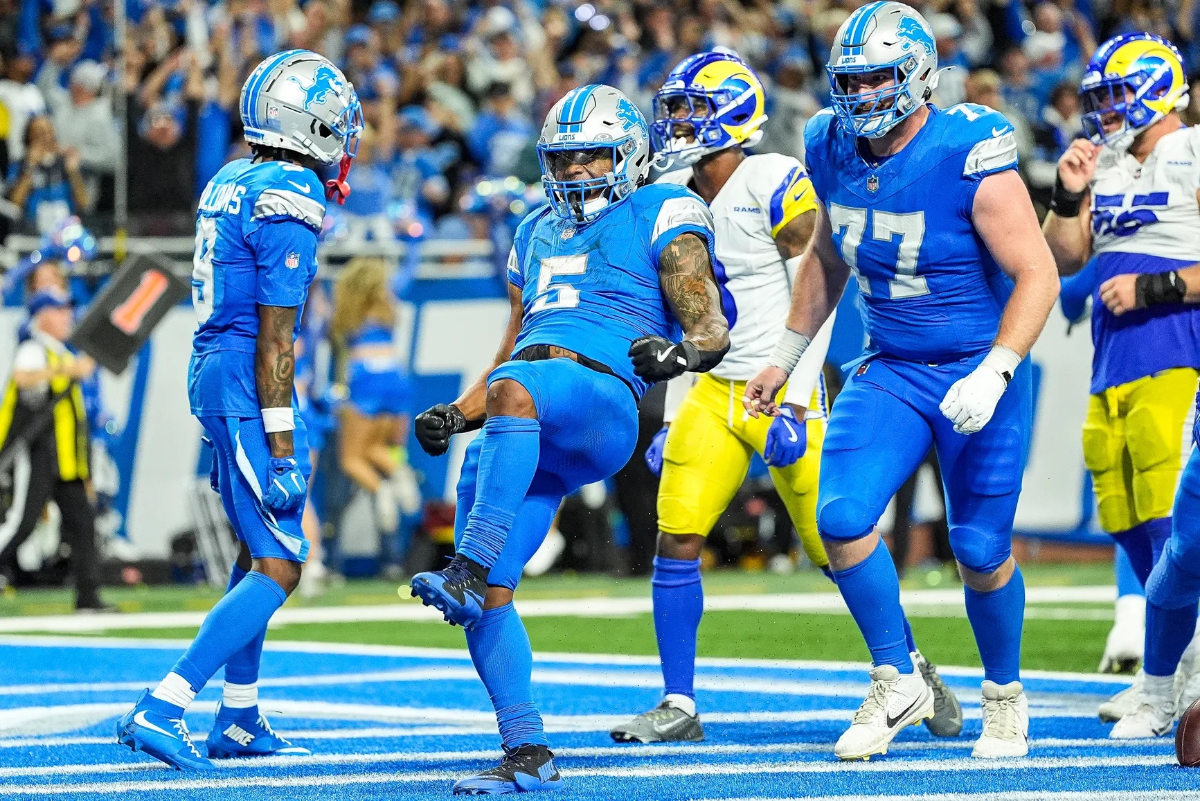 Running Back David Montgomery celebrates in end zone after game winning touchdown in overtime, Sunday, Sept. 8, 2024, Ford Field, Detroit. Photo courtesy Detroit Lions.jpg Running Back David Montgomery celebrates in end zone after game winning touchdown in overtime, Sunday, Sept. 8, 2024, Ford Field, Detroit. Photo courtesy Detroit Lions.jpg