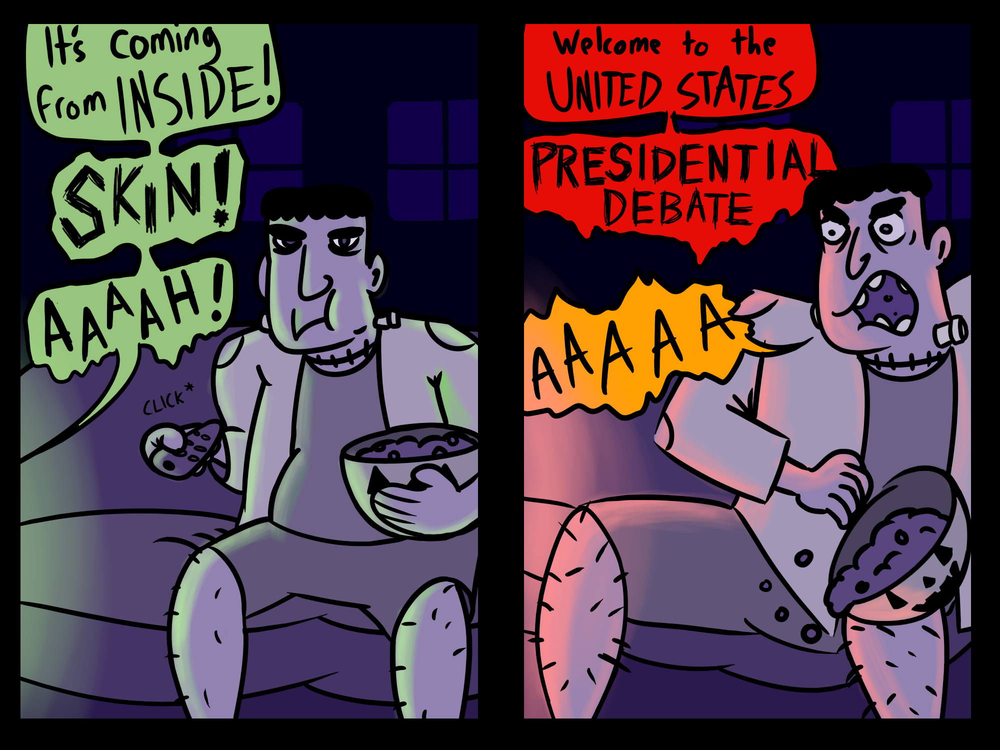 Comic with first cell showing Frankenstein's monster calmly watching a horror movie. Next cell shows Frankenstein's monster scared when TV announces presidential debate. 