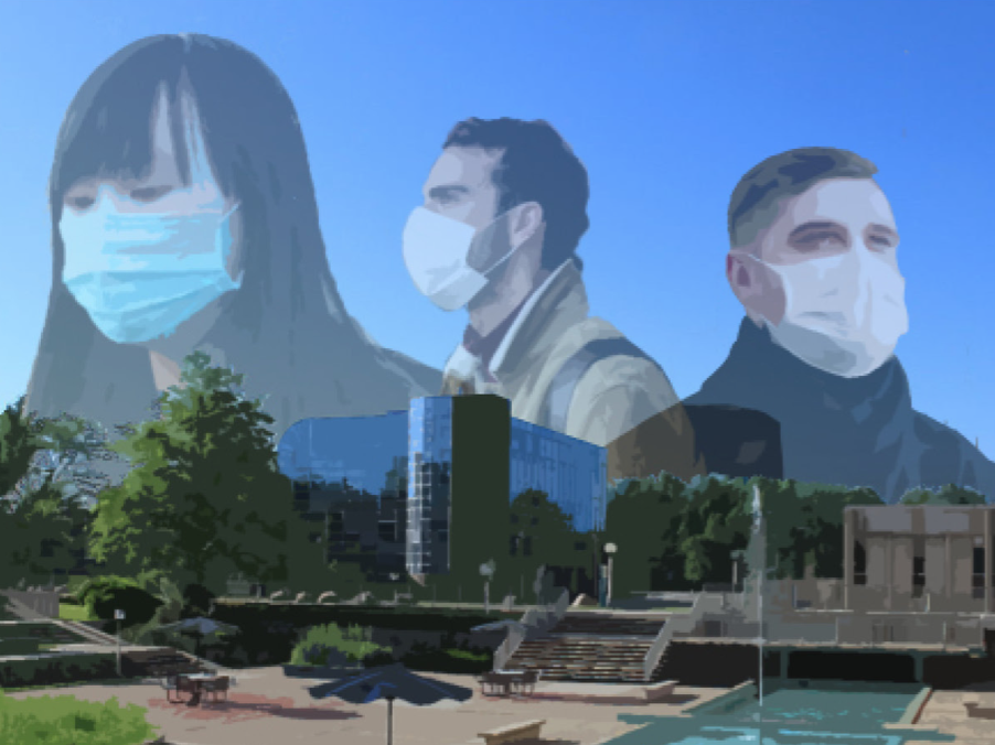 Graphic of people wearing surgical masks superimposed over the HFC campus