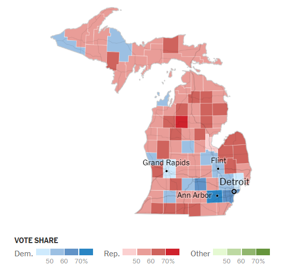 Map of Michigan detailing Senate election results by county
