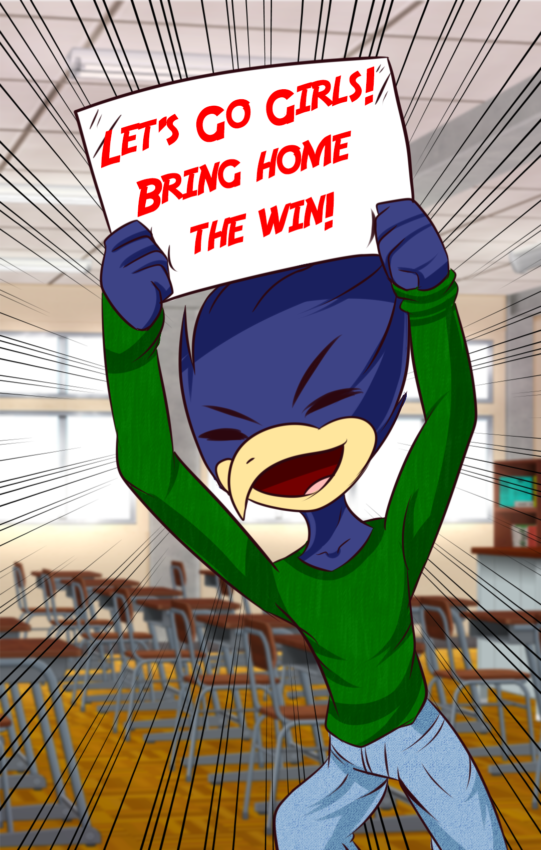 Illustration of HFC Hawkster in classroom holding a sign that reads "Let's Go Girls! Bring Home the Win!"