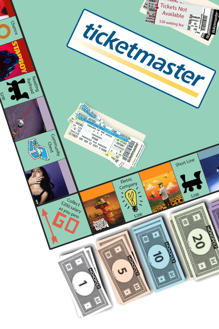 Drawing of Monopoly board with Ticketmaster as the topic. Graphics by Malena Cervantes