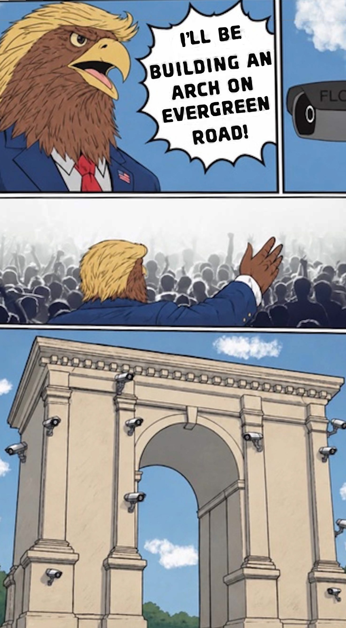 Comic of Trumpster Hawk building arch over Evergreen Road, Henry Ford College, Dearborn, Michigan
