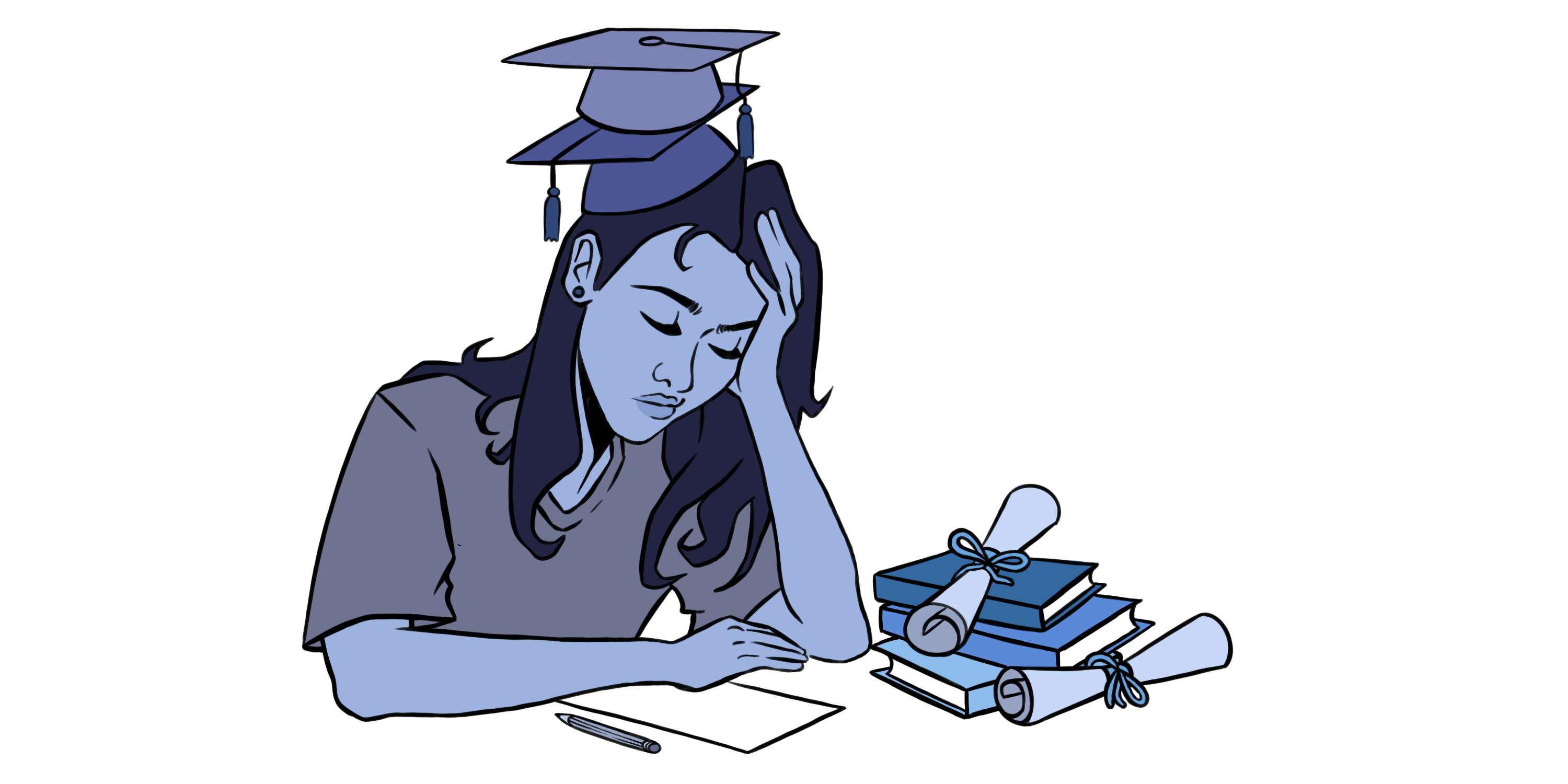 Drawing of a stressed student with two graduation caps and two diplomas
