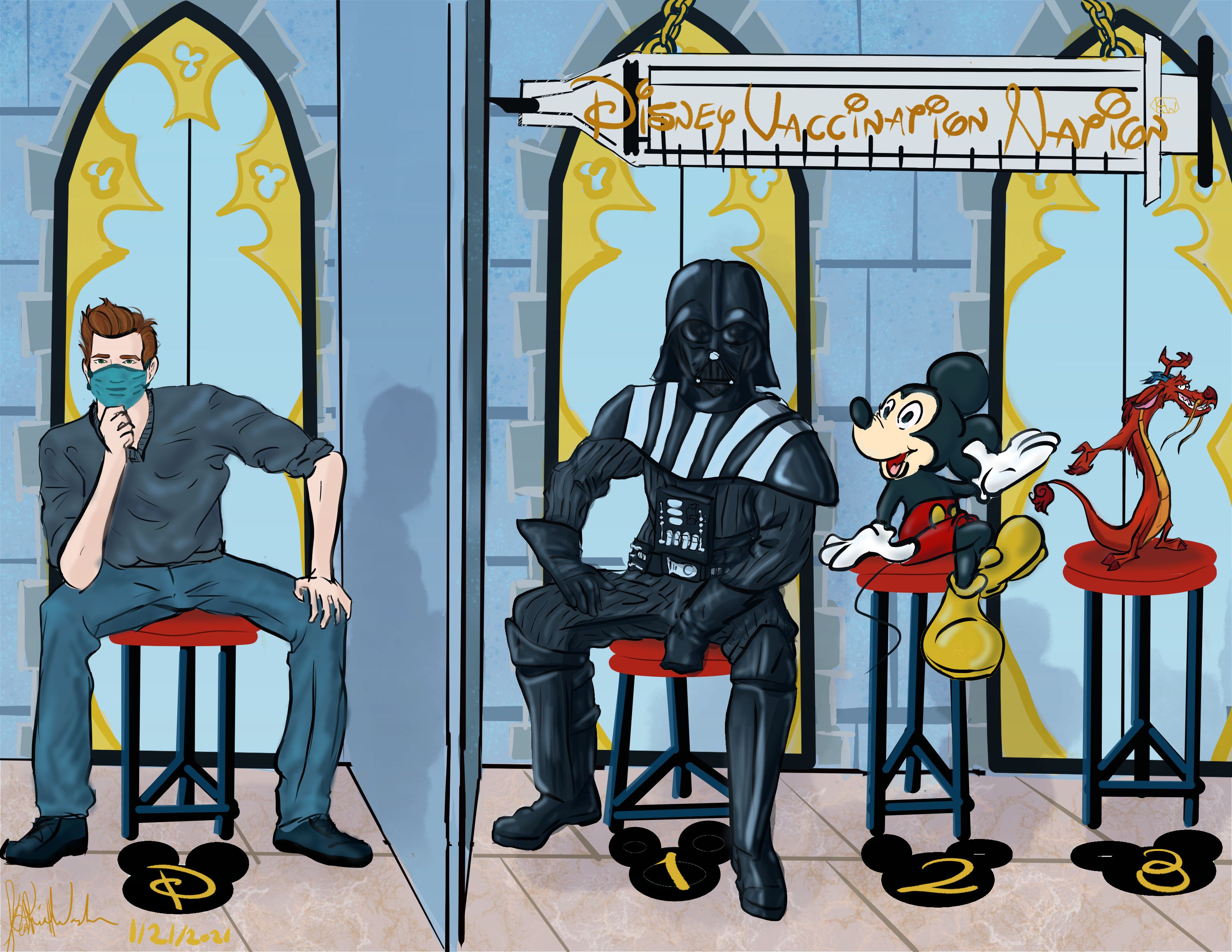 Comic of patient choosing which Disney character to give him the COVID-19 vaccine at Disney's new vaccination station.