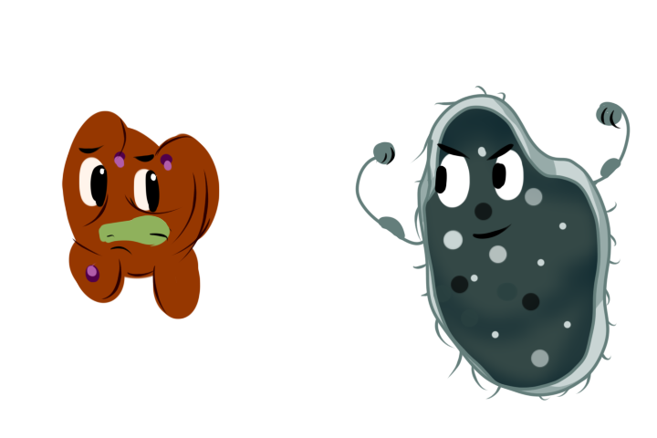 Illustration of a brown blob grimacing at a bacteria who is showing off tiny arms with bulging muscles.