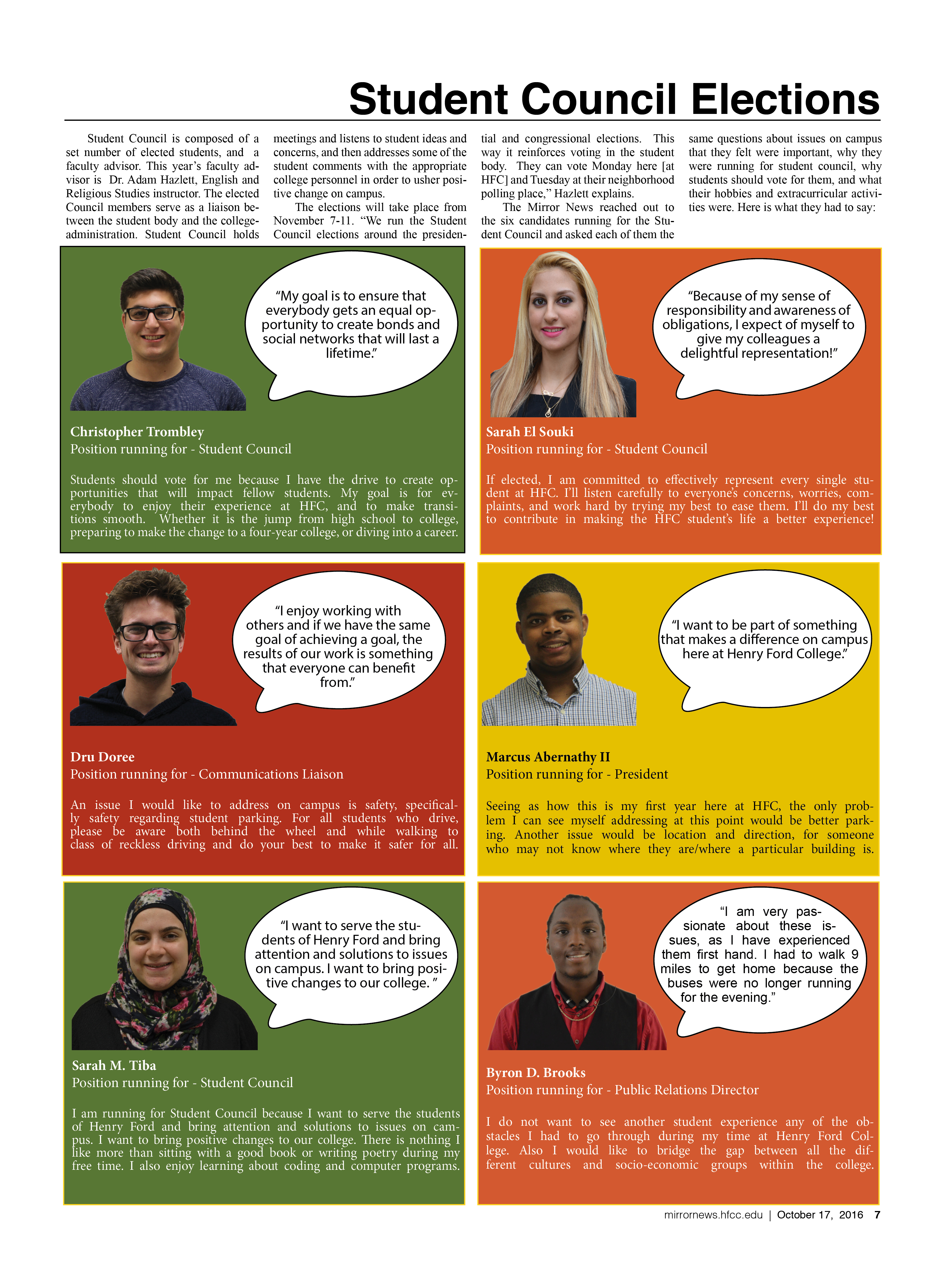 Photo of page 7 of Mirror News Volume 42 Issue 2 October 17, 2016 on the Student Council candidates 