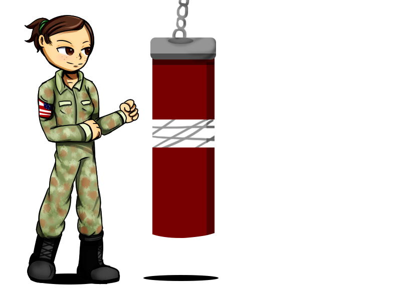 Cartoon of female U.S. soldier punching a large red punching bag.