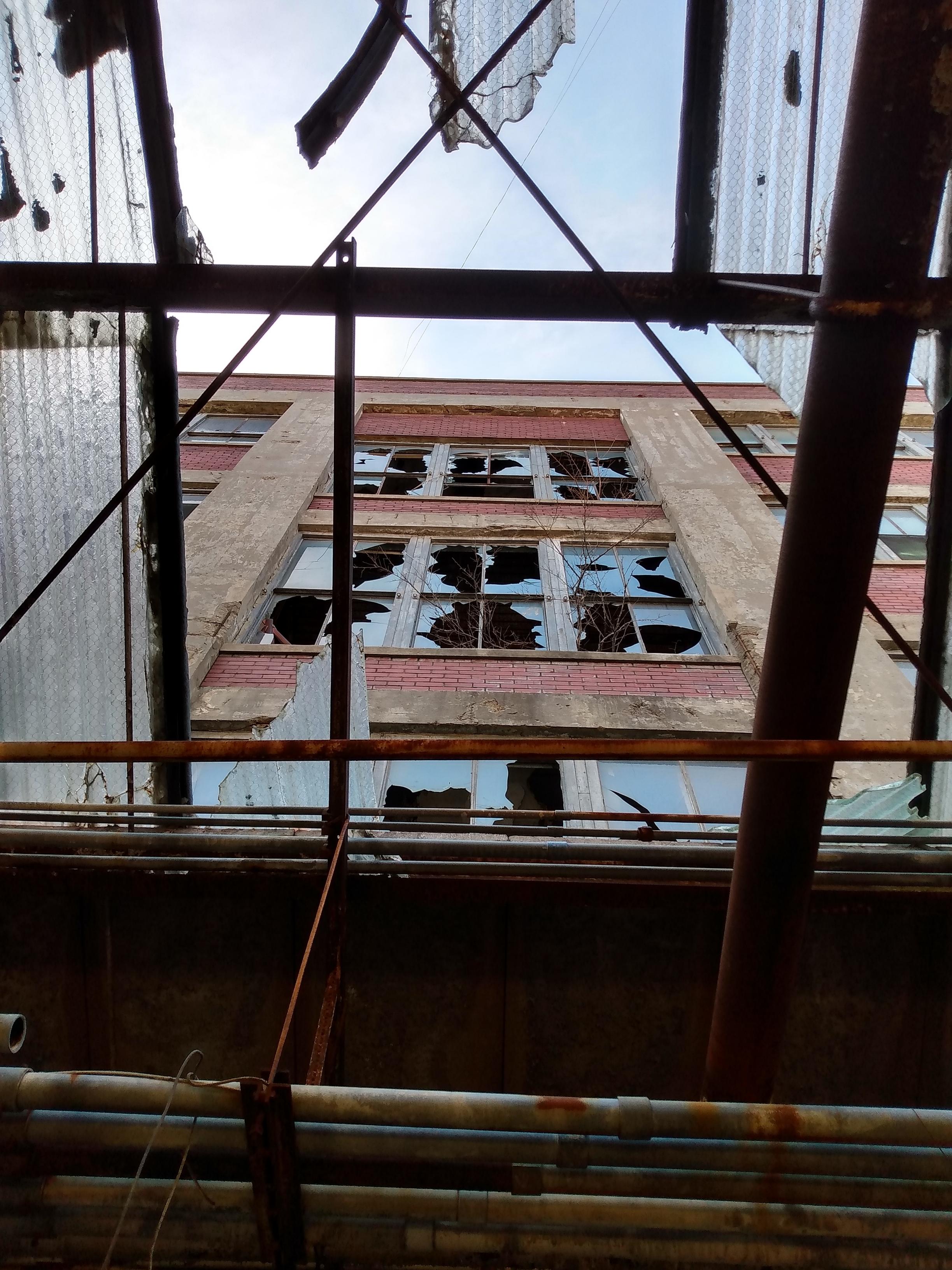 Look up from inside through broken roof at broken windows at the Ford Highland Park Plant photo by Jay Elias
