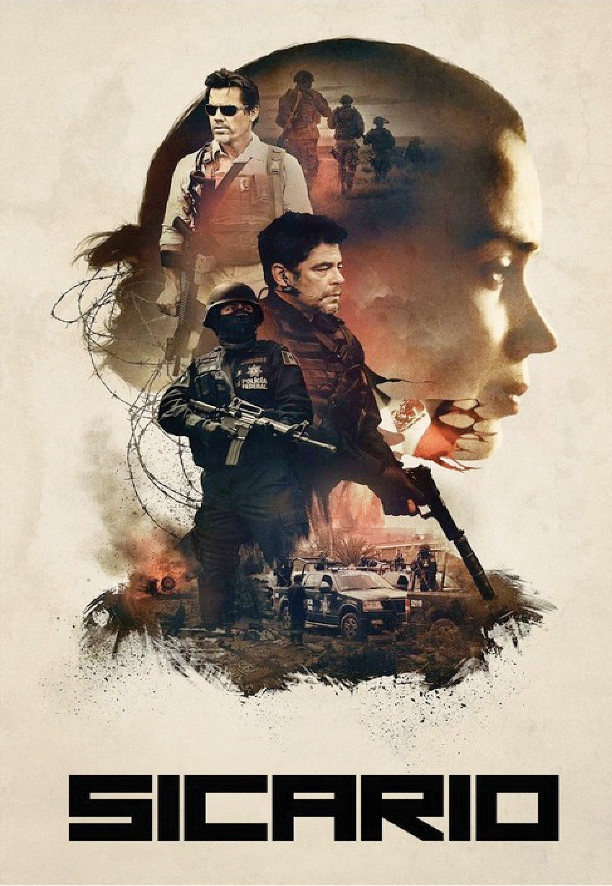Movie poster for Sicario. The main characters are depicted wearing body armor and holding guns. Kate Macer's profile is cast in the background in a silhouette.
