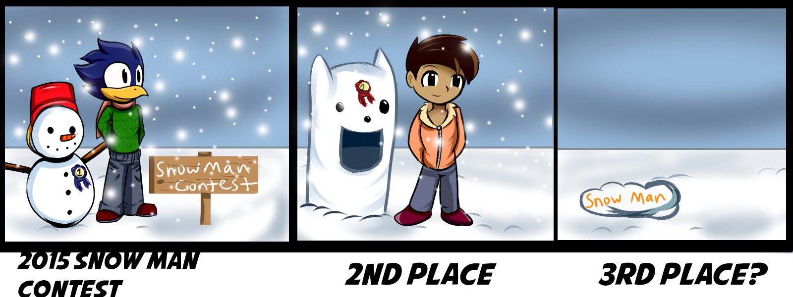 Panel one: Lil' Hawkster has a cute little snowman with a red hat, a bucket, and stick arms. It has a first place ribbon. Panel two: A snow creature, little ears, giant mouth gaping and smiling. A boy stands next to it. It has a second place ribbon. Third panel: A flat pile of snow has 'snow man' written on it. The writing is yellow.