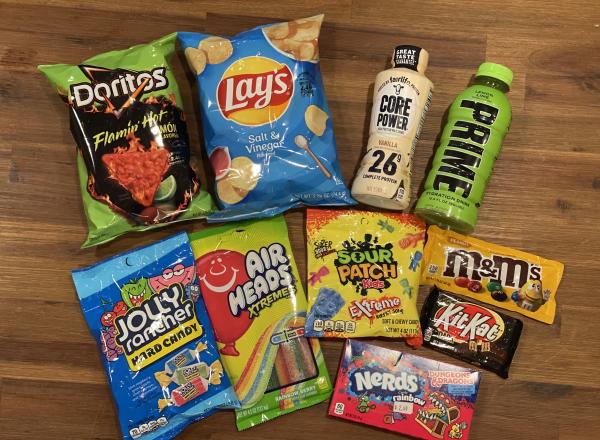 Array of snacks purchased from BP gas station on Ford Road in Dearborn Heights, Michigan. Photo by Ali Seblini.