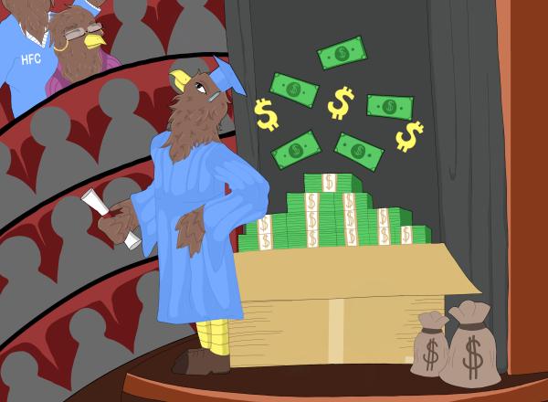 Illustration of Hawkster on stage with a box full of money during graduation. Illustration by Jana Tourfa