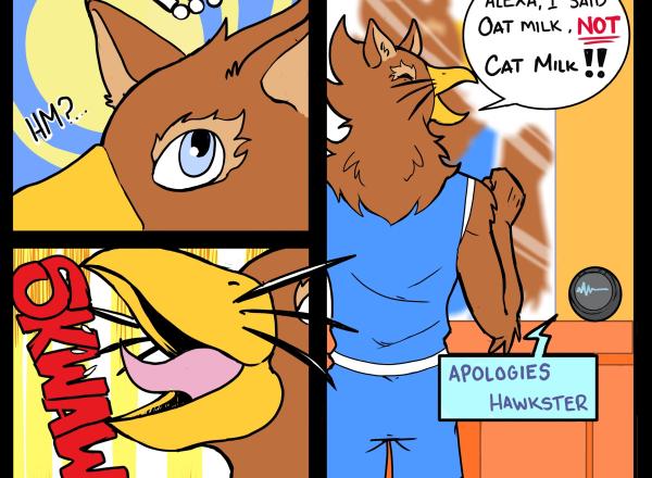 Henry Ford College mascot, Hawkster, tries to order oat milk, but Alexa ordered him cat milk. Henry Ford College mascot, Hawkster, tries to order oat milk, but Alexa ordered him cat milk.