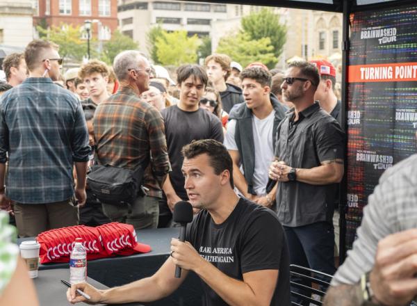 Charlie Kirk debating UW students at Library Mall on his “You’re Within minutes of the fatal shooting of the 31-year-old conservative.