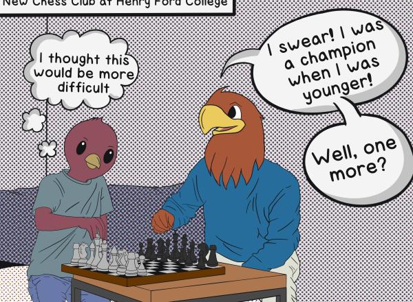 Comic of Hawkster and Lil' Hawkster playing chess in Henry Ford College Chess Club