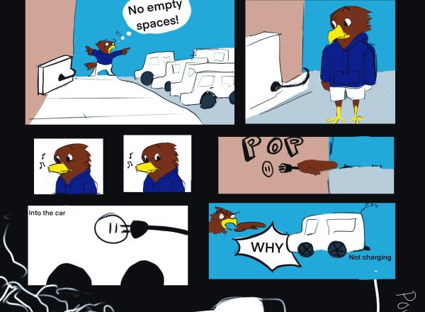 Comic of Hawkster charging his electric car but then takes out the power of the entire college campus. Comic by Abrar Alatooli