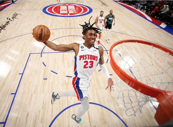 Detroit Pistons point guard Jaden Ivey making a dunk. Photo courtesy Getty Images nba.com:pistons