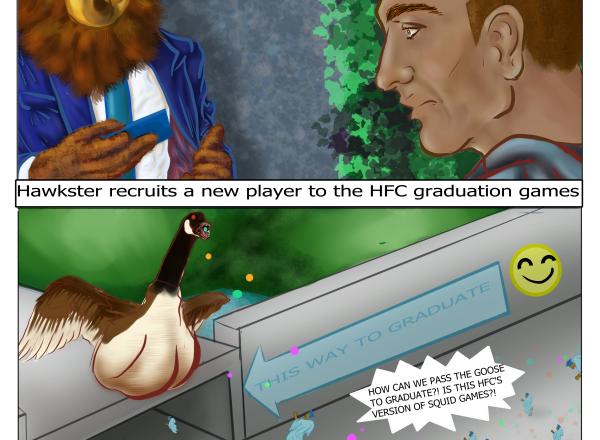 Comic showing Hawkster mascot recruiting player, then players trying to dodge mad goose to be able to graduate.