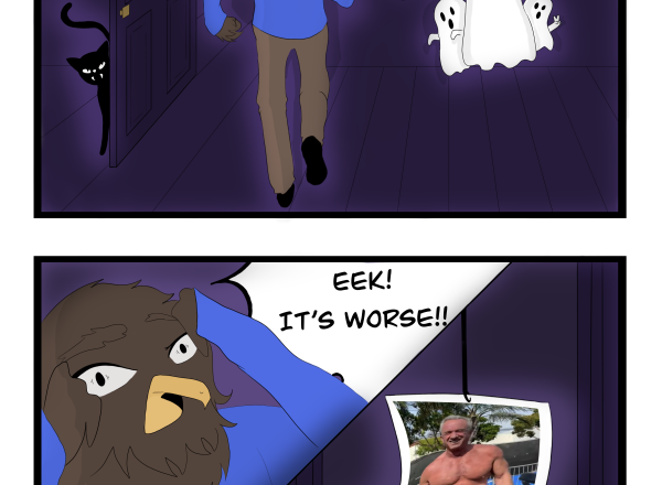 Comic of Hawkster being scared in haunted house at seeing photo of 2024 U.S. presidential candidate Robert F. Kennedy, Jr. shirtless.