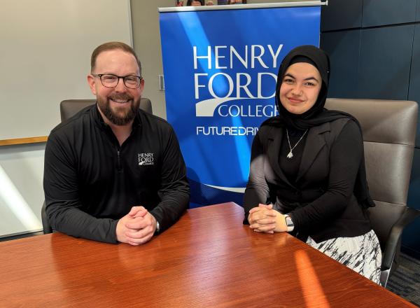 Henry Ford College President David Knezek, Jr. (left) and Mariam Dawi (right). Photo courtesy of Mariam Dawi. Henry Ford College President David Knezek, Jr. (left) and Mariam Dawi (right). Photo courtesy of Mariam Dawi.