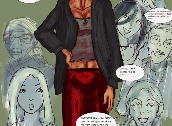 Making a Fashion Statement comic of woman showing off thrifted outfit despite public comments by Thrifting by Malak Dahi