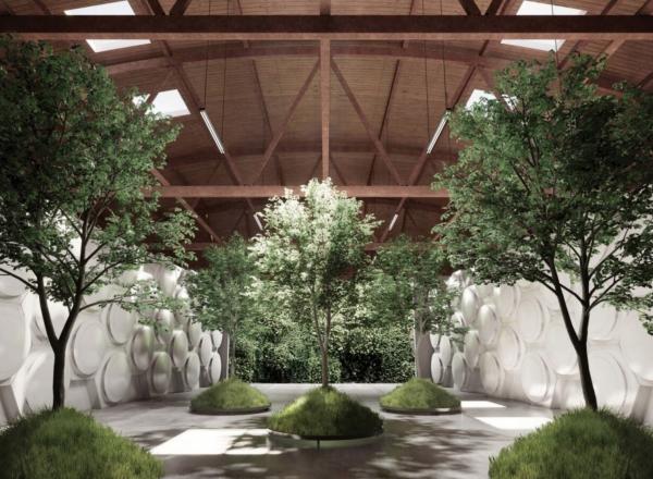 Recomposition vessels for processing human remains are shown in a gathering space in this artist’s rendering for the Recompose facility in Seattle. (Olson Kundig Image)