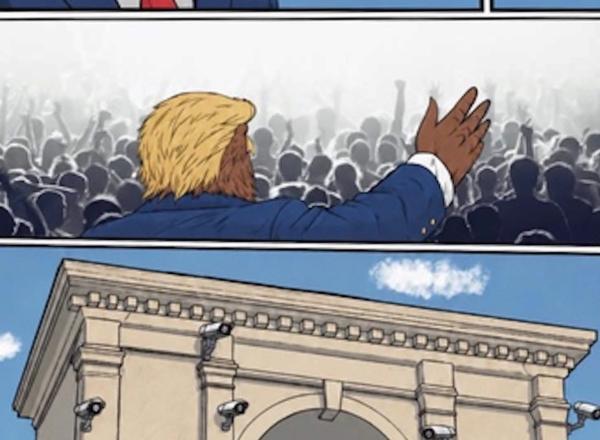 Comic of Trumpster Hawk building arch over Evergreen Road, Henry Ford College, Dearborn, Michigan