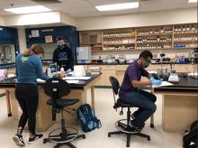 Students in Organic Chemistry Lab following social distancing measures and other additional safety protocols. Photo taken by Yasmeen Berry