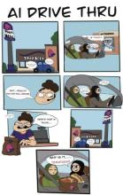 Patrons try to order at the new Taco Bell AI Drive Thru. Comic by Lena McDonald