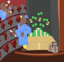 Illustration of Hawkster on stage with a box full of money during graduation. Illustration by Jana Tourfa