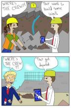 Comic of road crew asking where the workers are and foreman saying they went to build the wall then foreman at the wall saying they were deported.