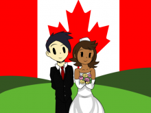 Illustration of groom and bride standing in front of a large Canadian flag.