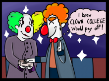 Comic of clowns graduating clown college.