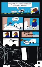Comic of Hawkster charging his electric car but then takes out the power of the entire college campus. Comic by Abrar Alatooli