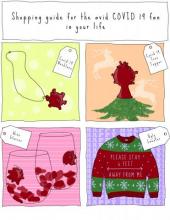 Four panel comic showing COVID-19 gift ideas of necklace charm, wine glasses, tree topper, and holiday sweater