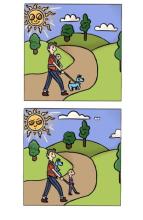 Comic of dad walking dog and child by Madison Gafford